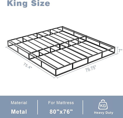 Tyndall Box Spring King Bed Base, 7 Inch High Metal King Size Box Spring Only, Heavy Duty Mattress Foundation with Fabric Cover, Easy Assembly, Quiet Noise Free, Black
