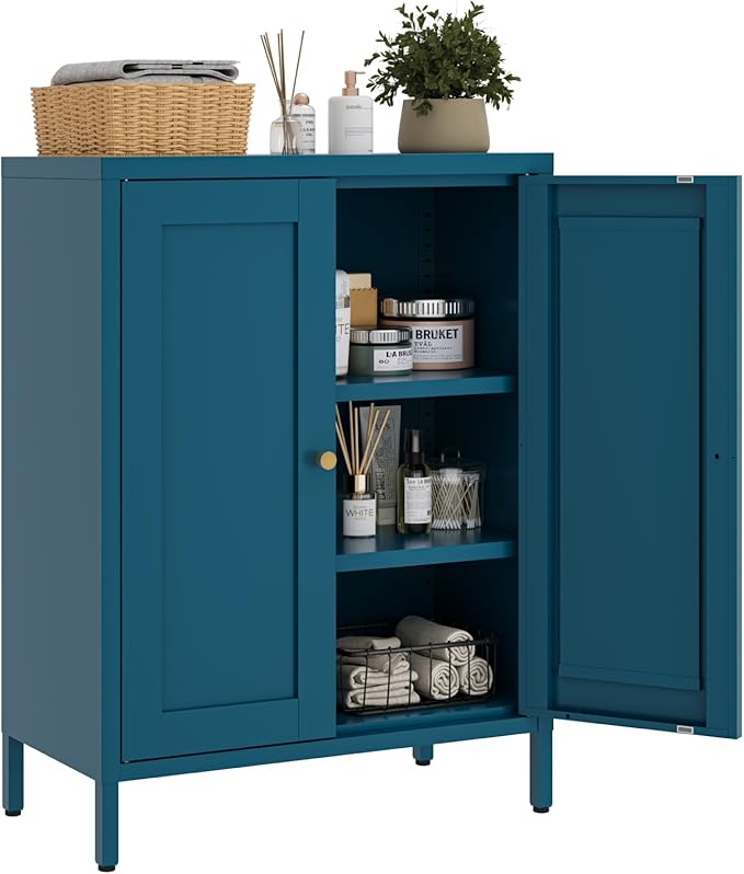 Metal Floor Storage Cabinet, Small Freestanding Sideboard Storage with 2 Adjustable Shelves for Bathroom Entryway Living Room Dining Room Coffee bar Kitchen,11.8"D x 23.6"W x 31.5"H,3-Tier,Teal Blue