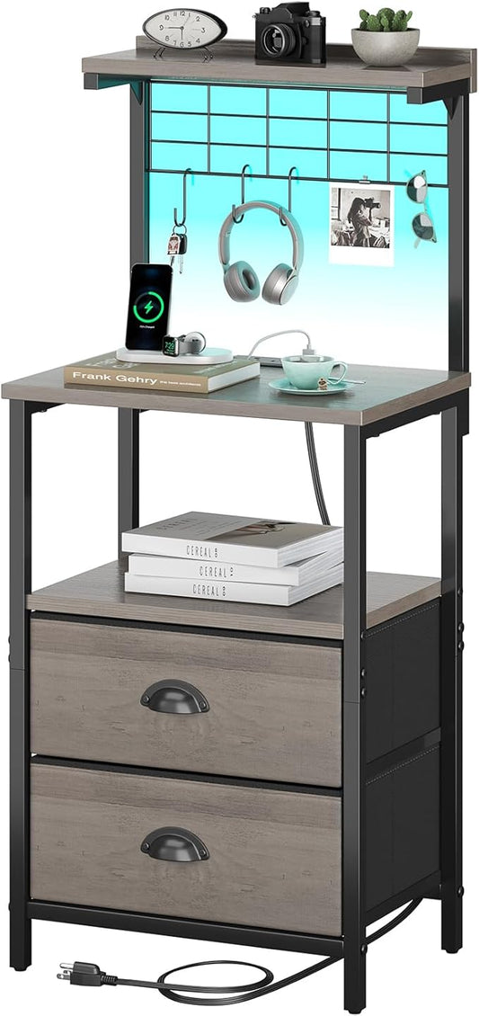 sthmec Tall Nightstands with Charging Station, LED Night Stand Bedsides with 2 Drawers Fabric, Hooks,USB Port and Open Storage Shelves,Tall End Table Bedside for Bedroom,Office, Grey