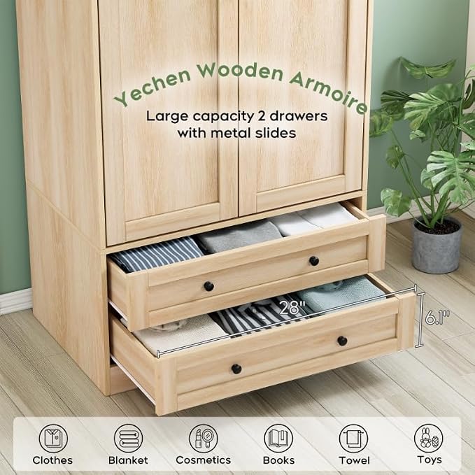 Yechen 71" Wooden Armoire Wardrobe Closet Set of 2- Modern Functional Clothes Tall Storage Cabinet with Adjustable Shelf and Hanging Rail, Sturdy Freestanding Closet with 2 Wide Drawers (Natural)