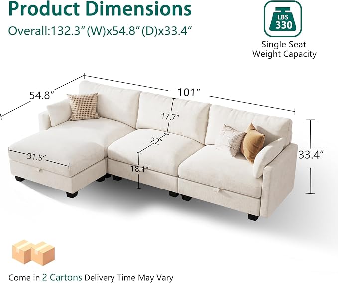Modular Sectional L Shaped Sofa Couches for Living Room, Cloud Couch with Storage Ottoman, Comfy Chenille Sofa with Pillow, Beige