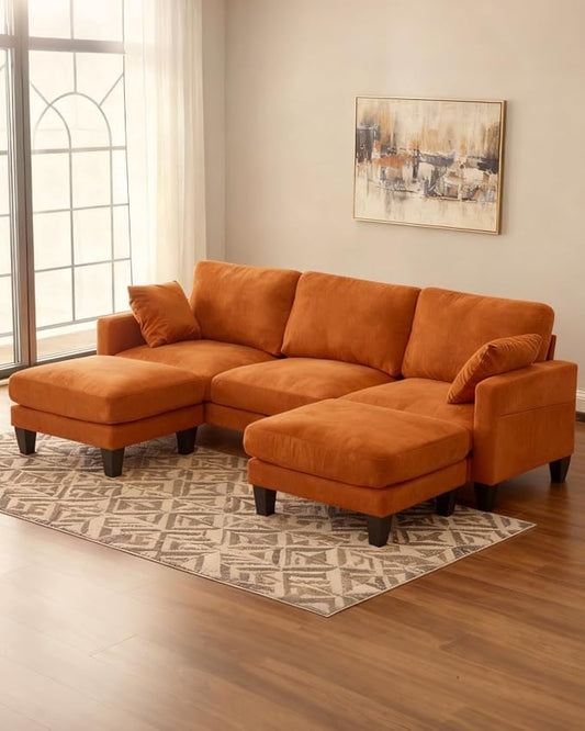 Karl home 99.6" 3-Seat U-Shaped Sectional Sofa, Orange | Chenille Upholstered, 2 Movable Ottomans, Cloud-Like Seat, 2 Throw Pillows, Comfy Deep Seat, Living Room, Apartment, Office
