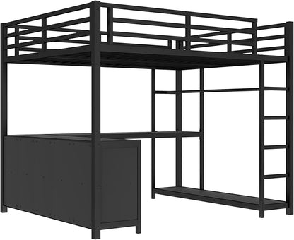 Bellemave Queen Size loft Bed with L Desk and Wardrobe, Metal Queen Size Loft Bed Frame for Adults, Kids, Teens, Black