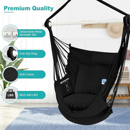 Outerman Hammock Chair, Hanging Chair with 3 Cushions and Foot Rest Support, Durable Metal Spreader Bar Max 500Lbs, Swing Chair for Bedroom, Indoor & Outdoor, Patio, Porch or Tree（Black）…