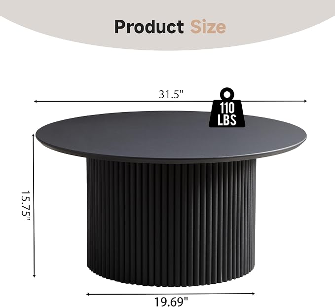 31.5" Round Coffee Table, Modern Fluted Accent Center Table with Metal Frame, Wooden Circle Coffee Tables for Living Room Small Space or Office (Black)