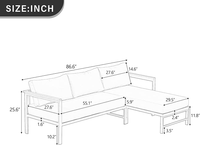 VilroCaz Outdoor L-Shaped Sectional Sofa with 5.9'' Ultra-Thick Cushions, All Weather Patio Conversation Set with Iron Frame for Balcony Garden (Beige-3.24)