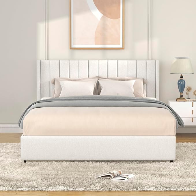 Ball & Cast Queen Size Bed Frame,Boucle Upholstered Platform Bed with 4 Drawers & Channel Tufted Headboard,Wooden Slats Support,No Box Spring Needed,Easy Assembly,Ivory