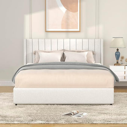 Ball & Cast Queen Size Bed Frame,Boucle Upholstered Platform Bed with 4 Drawers & Channel Tufted Headboard,Wooden Slats Support,No Box Spring Needed,Easy Assembly,Ivory