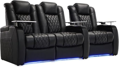 Weilianda Home Theater Seating Top Grain Leather Zero Gravity Recliner Chair Power Headrest Recline Movie Seat Gaming 7 Colors Mood Light Sofa with Tray Table USB Charge Row of 3 Loveseat Left Black