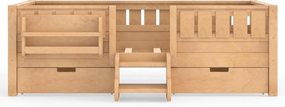 Bellemave Twin Floor Bed with Stairs, Rails and Slats, Twin Size Montessori Floor Bed with Bookshelf and 2 Storage Drawers, Easy Assemble Montessori Beds Frame for Girls, Boys, Deep Natural