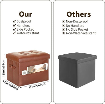 BelugaHelper Storage Ottoman Foot Rest Stool. Folding Ottoman with Storage with Thicker Foam Padded Seat. 330 lbs Footstool Bench for Living Room, Bedroom, Home Office Table, 17x13x13in, Light Brown