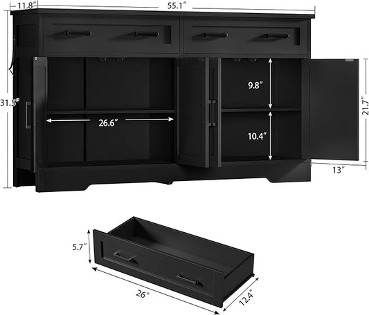 usikey Buffet Cabinet with Storage and Drawers, 55" Large Sideboard Buffet Cabinet with Adjustable Shelves and Doors, Modern Coffee Bar for Kitchen, Living Room, Black