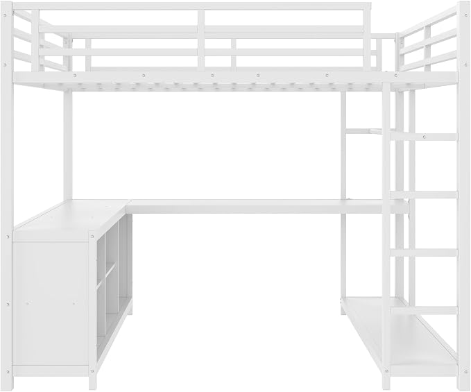 Bellemave Queen loft Bed with L Desk, Wardrobe, Metal Queen Size Loft Bed Frame for Adults, Kids, Teens, White