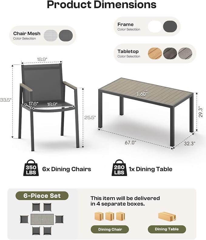 Outdoor Dining Set, 7 Piece Aluminum Patio Table and Chairs Set, All Weather Patio Dining Furniture Set with Umbrella Hole for Backyard, Deck, Poolside (Gray)