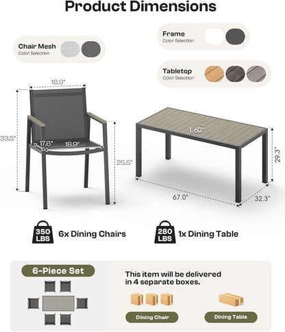 Outdoor Dining Set, 7 Piece Aluminum Patio Table and Chairs Set, All Weather Patio Dining Furniture Set with Umbrella Hole for Backyard, Deck, Poolside (Gray)