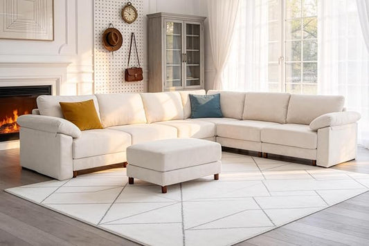 Oversized L Shaped Sectional Couch for Living Room, Extra Large Deep Seat Modular Sectional Sofa with Washable Covers, Modern Cloud Couch for Apartment, Bedroom (Beige, Corner V Shape 7 Seat)