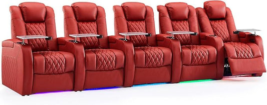 Weilianda Home Theater Seating Top Grain Leather Zero Gravity Recliner Chair Power Headrest Recline Movie Seat Gaming 7 Colors Mood Light Sofa with Tray Table USB Charge Row of 5 Red