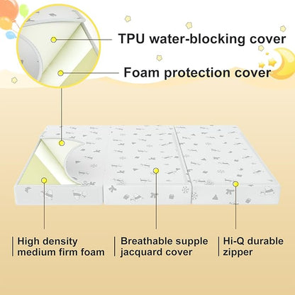 3"x26"x38" Trifold Mattress Topper, Waterproof Breathable Soft Removable Cover, Portable Mattress Pad with Carry Bag for Indoor & Outdoor Use, High Density Medium Firm Foam