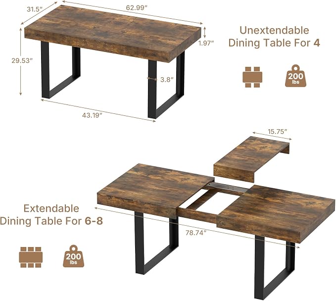 Zevemomo 63"-78.7" Extendable Dining Room Table for 6-8, Expandable Dinner Table Rectangular Kitchen Table Farmhouse Wooden Tables for Dining, Kitchen, Office, Living Room, Space Saving-Rustic Brown