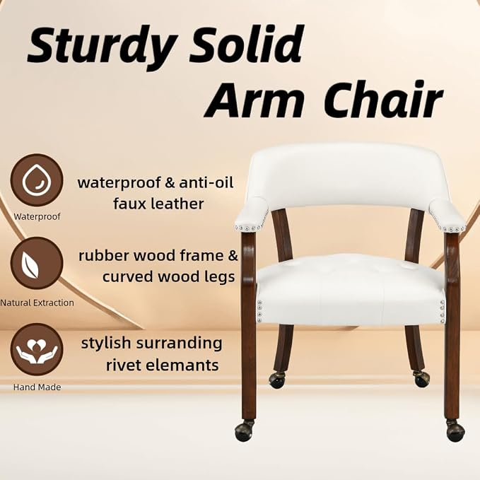 LEEMTORIG Set of 2 Large Dining Chairs with Casters and Arms, Rolling Dining Chairs with Wheels, Poker Chairs, Solid Wood Boss Caption's Chairs, 26"D x 25.2"W x 31.5"H, Cherry Legs & Ivory, SY-1533-WT