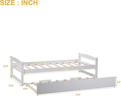 Merax Multifunctional Wood Daybed with Trundle Sofa Day Bed with Headboard/Space Saving/No Box Spring Needed White