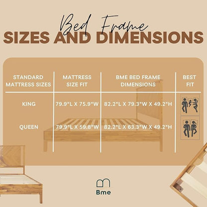 Bme Vivian 14 Inch Deluxe Bed Frame with Headboard, Rustic & Scandinavian Style with Solid Acacia Wood, No Box Spring Needed, 12 Strong Wood Slat Support, Easy Assembly, King, Rustic Golden Brown