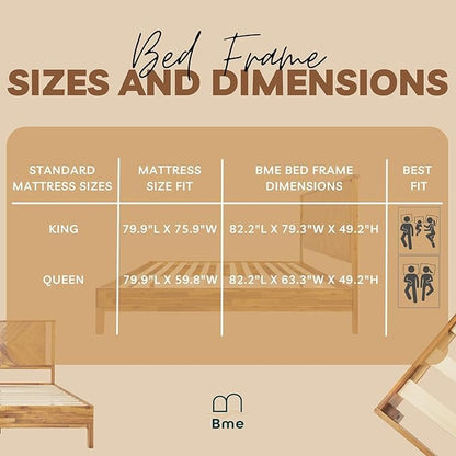 Bme Vivian 14 Inch Deluxe Bed Frame with Headboard, Rustic & Scandinavian Style with Solid Acacia Wood, No Box Spring Needed, 12 Strong Wood Slat Support, Easy Assembly, Queen, Rustic Golden Brown