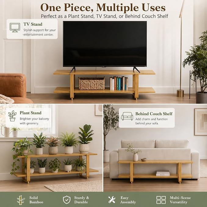 HollyHOME Bamboo TV Stand with Storage for TVs up to 65'', Modern Entertainment Center with 2 Open Shelf, Accent TV Media Console Table for Living Room, Bedroom, 55"(L), Burlywood