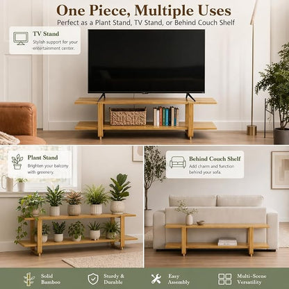 HollyHOME Bamboo TV Stand with Storage for TVs up to 65'', Modern Entertainment Center with 2 Open Shelf, Accent TV Media Console Table for Living Room, Bedroom, 55"(L), Burlywood