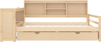 Bellemave Twin Size Corner Bed Frame with Storage Drawers and Desk,Captain L-Shaped Daybed with Bookcase,Corner Bed Frame Twin Size with Charging Station for Kids,Teens,Guests,Natural