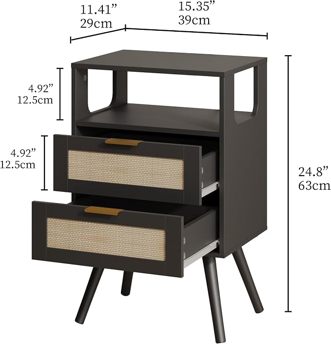 JOONEE Rattan Nightstand,Farmhouse Bedside Table with 2 Storage Drawer and Open Wood Shelf, for Bedroom and Small Spaces,Night Stand with Solid Wood Legs (Black)