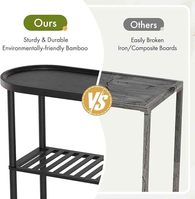 Black Entryway Table for Hallway Bamboo 39.4", Outdoor Console Table Oval Top, Sofa Table Behind Couch 2-tier, TV Stand Plant Stand with Anti-fall Edge, 5min Easy Assembly, 39.4"L x 11.8"W x 29.7"H