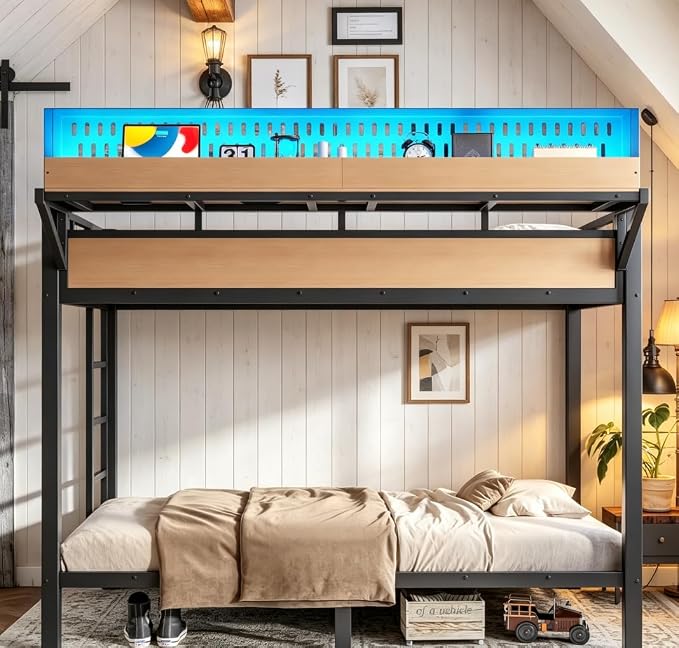 Bellemave Bunk Bed Twin XL Over Twin XL，Metal Bunk beds with Storage Shelves USB Ports and LED Lights, Natural
