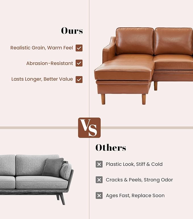 Kingfun 88" L-Shape Sofa, Faux Leather Sectional Couch, Mid Century Modern Couches with Solid Wood Frame for Living Room Bedroom
