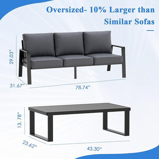 Outdoor Couch 3-Seat All-Weather Metal Outdoor Sofa Wite Outdoor Coffee Table (Black/Dark Grey, 3-Seat Sofa+ Coffee Table)