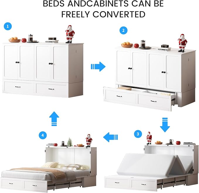 PUREMIND Queen Murphy Bed Cabinet, Multi-Functional Hideaway Cabinet Bed with Storage Drawer, USB Charging Ports and Folding Bedside Panel, Space Saving Chest Beds Wallbed for Guest Room, No Mattress