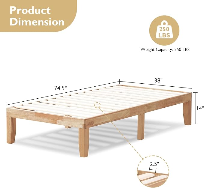 COSTWAY Twin Size Platform Bed Frame, 14 Inches Solid Rubber Wood Bed Mattress Foundation with Sturdy Slats Support, Easy Assembly Bed Frame for Home Hotel, No Box Spring Needed (Natural, Twin)