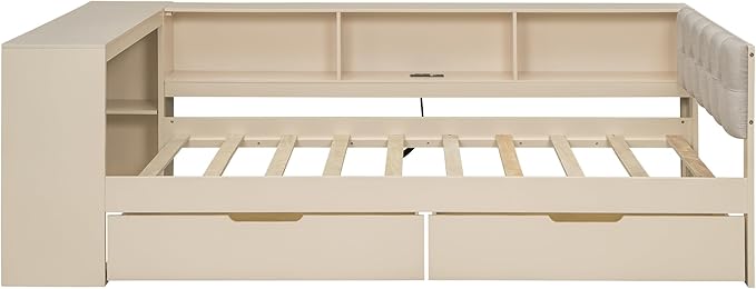 Bellemave Twin Size Corner Bed Frame with Storage Shelves and Desk, Wood Twin Daybed with Bookcase and Drawers and Upholstered Headboard, Cream