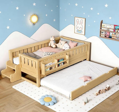 Bellemave Twin Size Kids Bed with high Rails and with Built-in Bookshelf and Trundle for Kids, Girls, Boys, Wood Montessori Bed Without Door, Light Natural