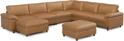 SITJOY Large Cloud Couch, 138" Wide 6 Seater V Shape, Faux Leather in Brown | Pet-Friendly Scratch-Resistant Leather Sectional Sofas for Living Room, Deep Seat Wide Couch with Chaise, Storage Ottoman