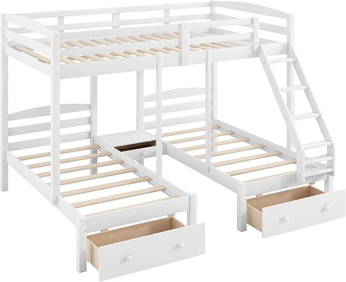 VilroCaz Wood Bed Bunk Bed with 2 Storage Drawers for 3, Full Over Twin & Twin Bunk Bed Frame with Built-in Middle Drawer, Guardrail and Ladder for Kids Teens Adults, Maximized Space Design