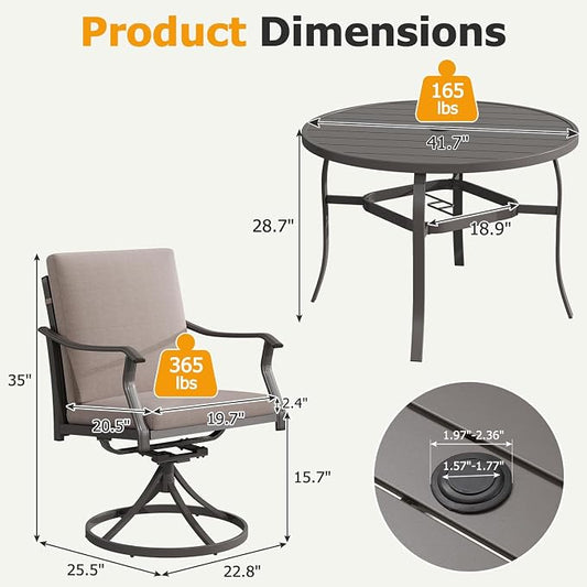 EROMMY 5-Piece Outdoor Patio Dining Set, 4 Swivel Chairs with Removable Cushions & Round Metal Table with Umbrella Hole, All-Weather Furniture for Backyard, Garden and Deck