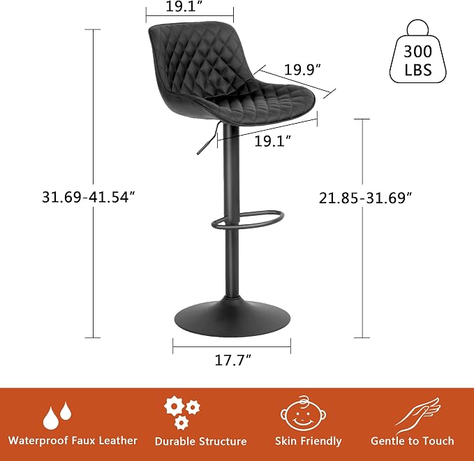 YOUTASTE Black Bar Stools Counter Height Bar Stool Set of 2 Adjustable Swivel Faux Leather Barstools with Padded Back Diamond Metal Bar Chairs for Home Kitchen Island