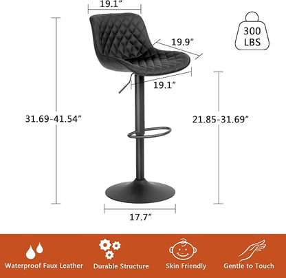 YOUTASTE Black Bar Stools Counter Height Bar Stool Set of 2 Adjustable Swivel Faux Leather Barstools with Padded Back Diamond Metal Bar Chairs for Home Kitchen Island