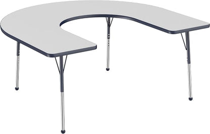 FDP Horseshoe Activity School and Office Table (60 x 66 inch), Standard Legs with Ball Glides for Collaborative Seating Environments, Adjustable Height 19-30 inches - Gray Top and Navy Edge