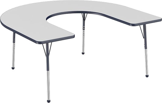 FDP Horseshoe Activity School and Office Table (60 x 66 inch), Standard Legs with Ball Glides for Collaborative Seating Environments, Adjustable Height 19-30 inches - Gray Top and Navy Edge