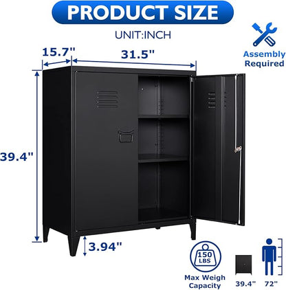 Metal Storage Cabinet with Lock, Locking Cabinets with 2 Doors and Shelves, Lockable Steel Locker Cupboard, Small Sideboard Buffet Cabinet for Home Office