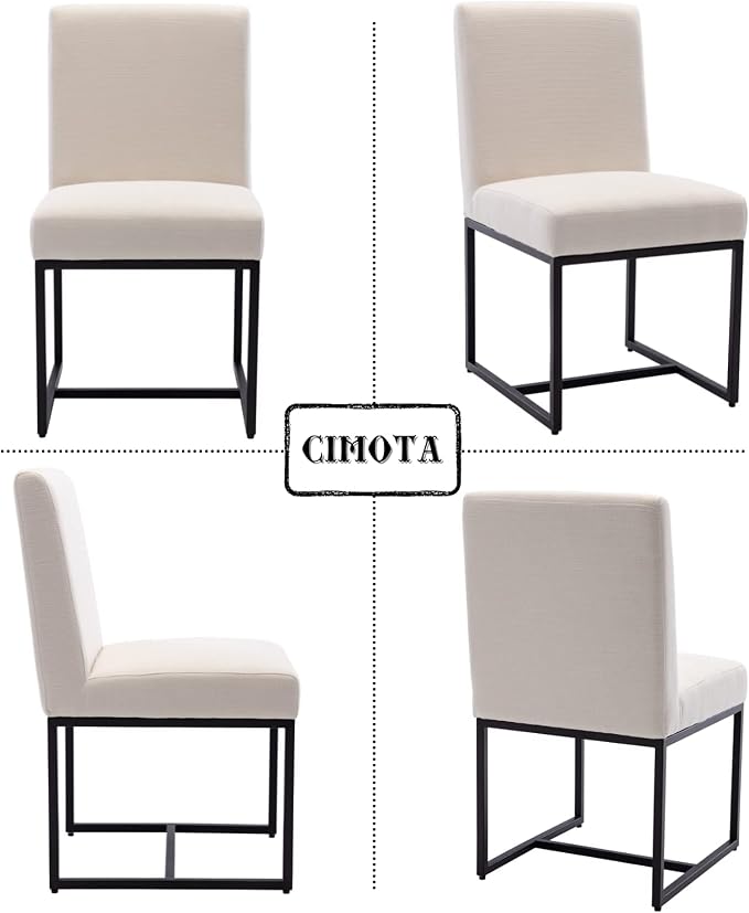 CIMOTA Modern Linen Dining Chair Set of 4, Mid Century Dining Room Chairs Fabric Upholstered Armless Side Chair with Black Sled Base for Dining Room, White Cream 4PCS
