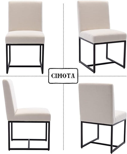 CIMOTA Modern Linen Dining Chair Set of 4, Mid Century Dining Room Chairs Fabric Upholstered Armless Side Chair with Black Sled Base for Dining Room, White Cream 4PCS
