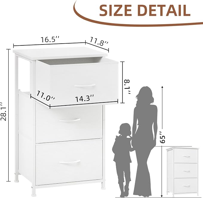 Somdot Dresser for Bedroom with 3 Drawers, Storage Organizer Chest of Drawers with Removable Fabric Bins for Closet Bedside Living Room Laundry Entryway Hallway, White Leather